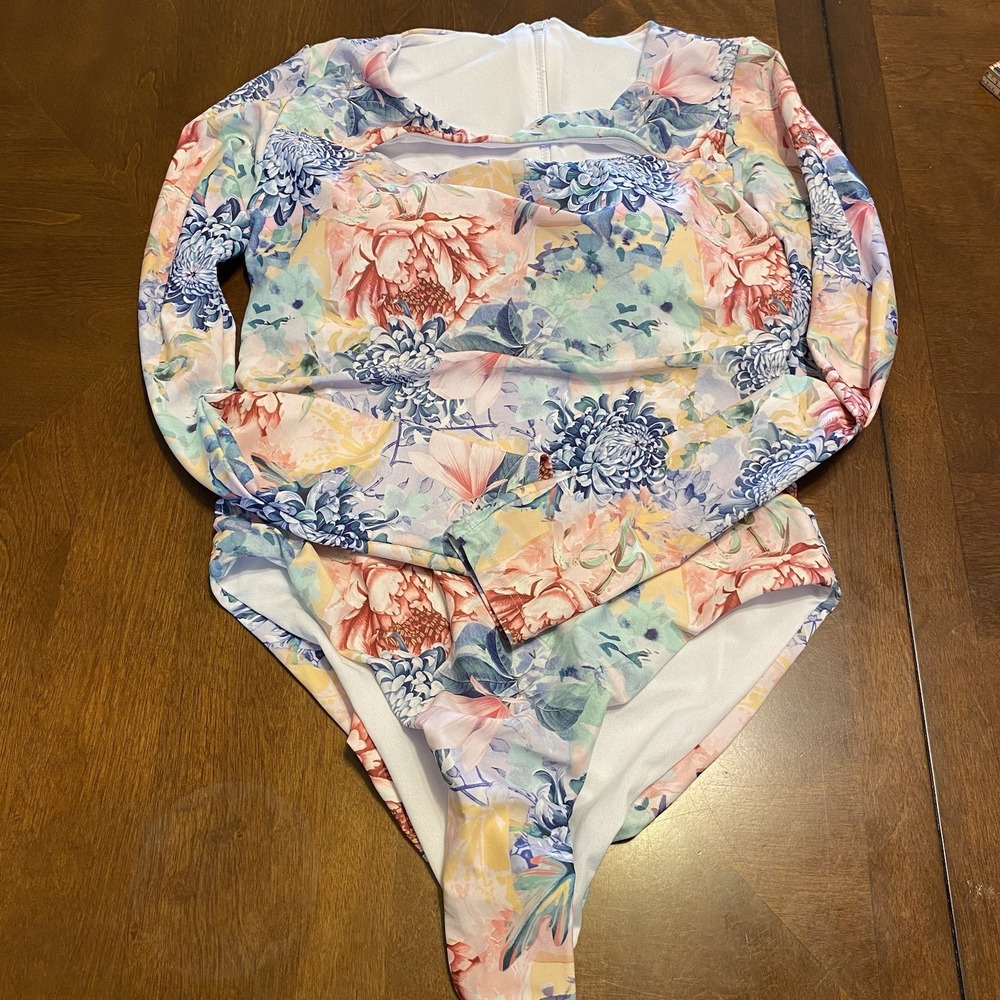 Women's Rash Guard Zipper Surf Swim One Piece Tropical Hawaiian XL Cheeky Ruched